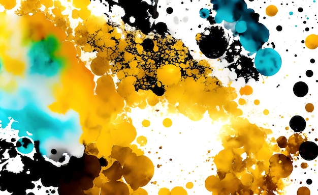 A colorful background with black, blue, and orange paint splatters.