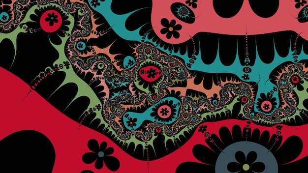 A colorful background with a black and red flower pattern.