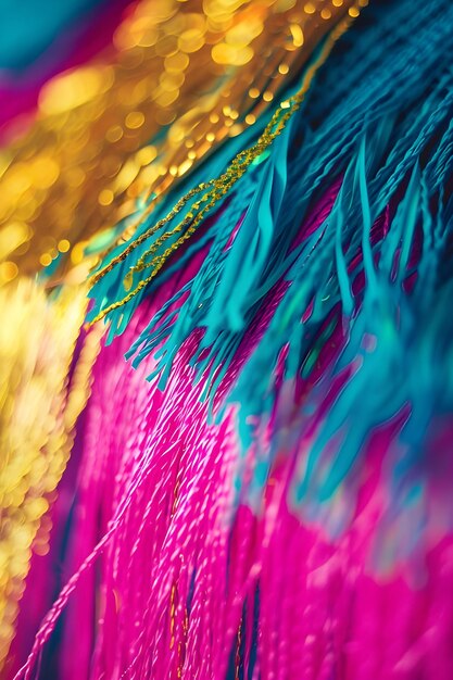 a colorful background with a colorful feather and gold glitter