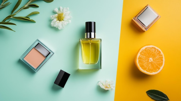 Photo colorful background with cosmetics products and perfume bottle