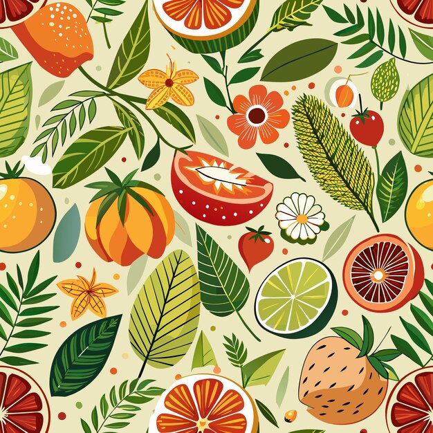 a colorful background with different fruits and flowers