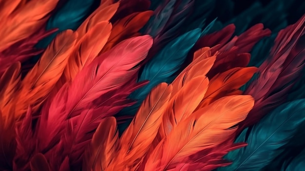 A colorful background with feathers that are colored in blue and orange.