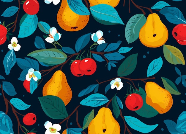 a colorful background with fruit and flowers and berries