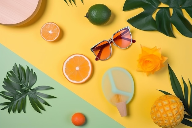 A colorful background with fruit and a pair of sunglasses