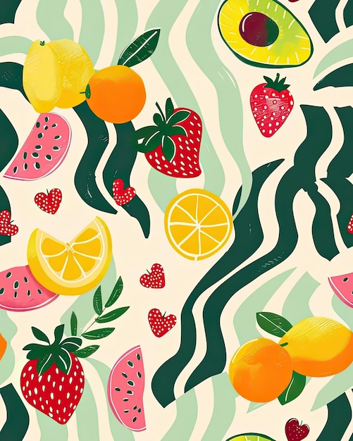 a colorful background with fruit and a strawberry on it