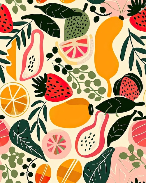 a colorful background with fruits and leaves and fruits