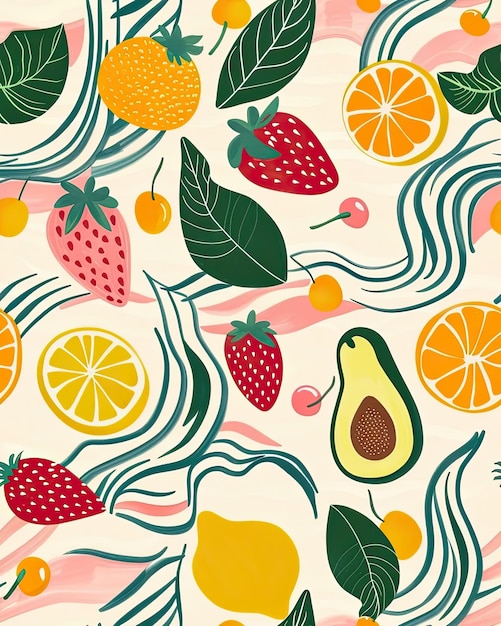 a colorful background with fruits and a picture of fruits and leaves