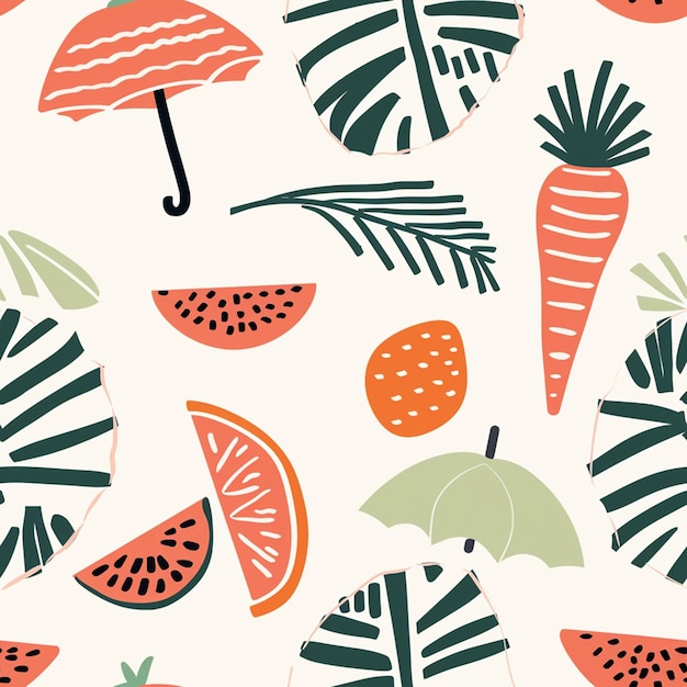 a colorful background with fruits and a umbrella