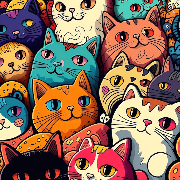 A colorful background with many cats and one has a blue eye.