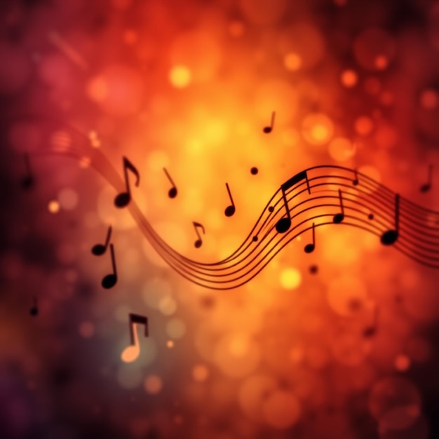 a colorful background with music notes and a red background