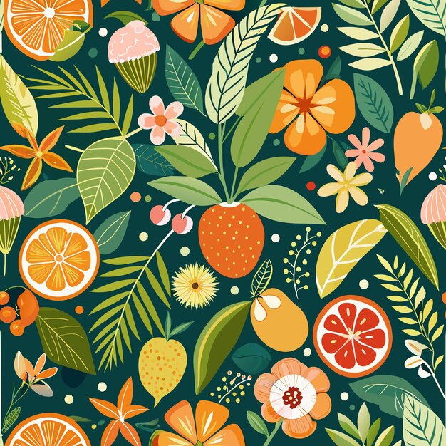 a colorful background with oranges flowers and butterflies