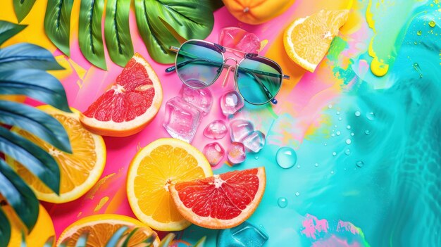 Photo a colorful background with oranges lemons and ice