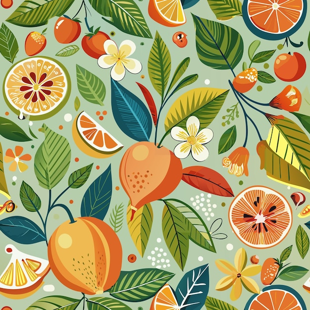 a colorful background with oranges oranges and green leaves