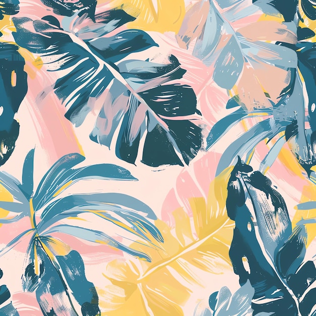 a colorful background with palm leaves and a monkey on it