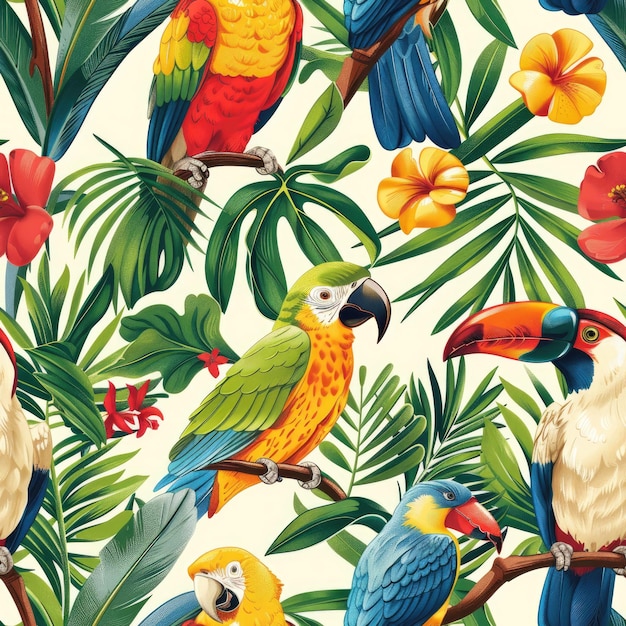 Photo a colorful background with parrots and flowers