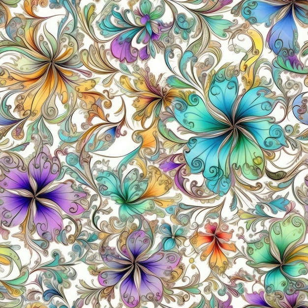 A colorful background with a pattern of flowers and swirls