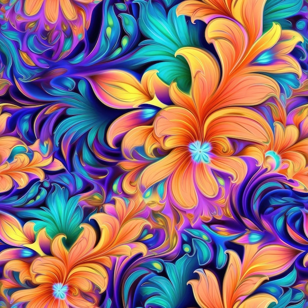 A colorful background with a pattern of flowers and swirls