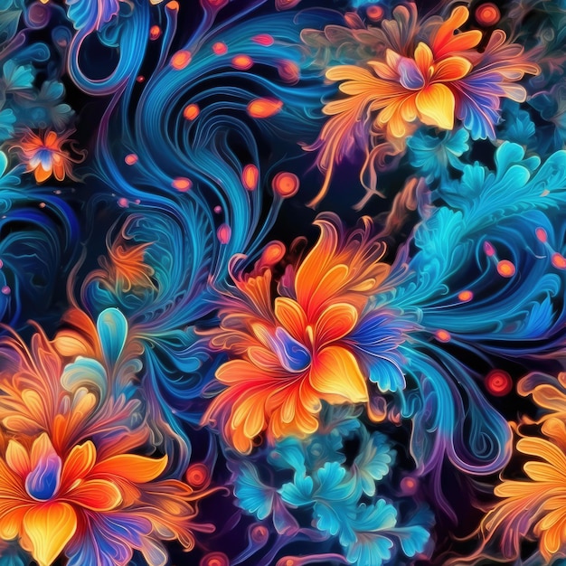 A colorful background with a pattern of flowers and swirls