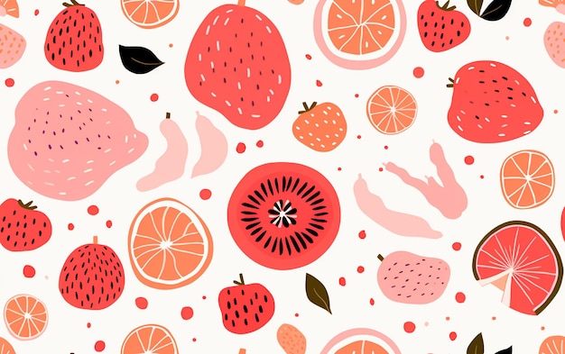 a colorful background with a pattern of fruits and a hand holding a strawberry