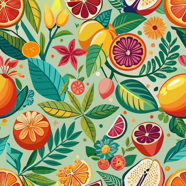 a colorful background with a pattern of fruits and leaves