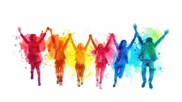 A colorful background with people raising hands in the air