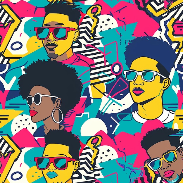 a colorful background with people wearing sunglasses and a colorful background