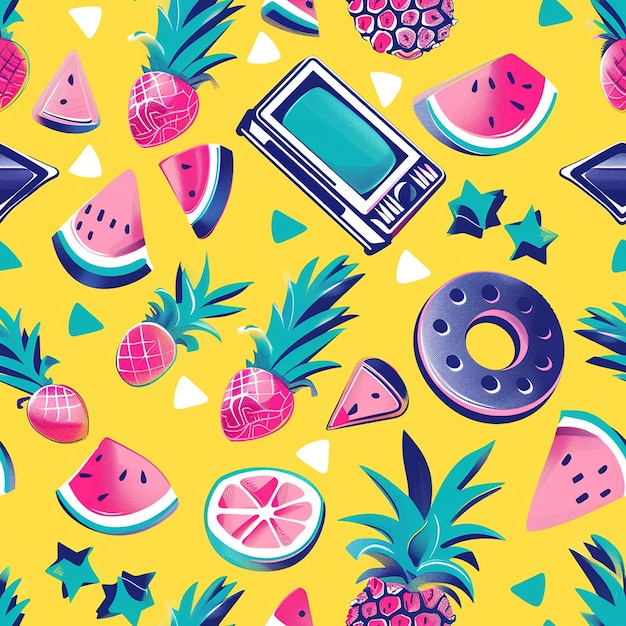 a colorful background with a picture of fruit and a cell phone