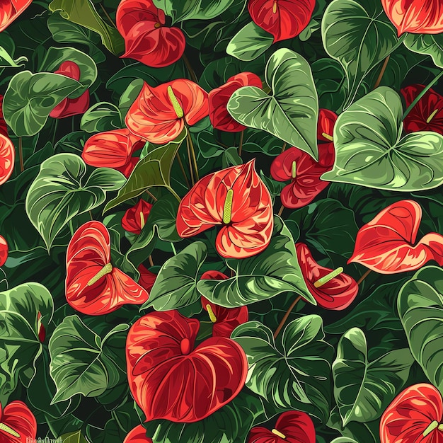 a colorful background with red flowers and green leaves