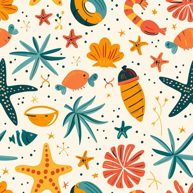 Photo a colorful background with sea shells and starfish