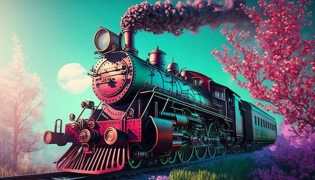 Colorful background with steam train in the spring Generative AI