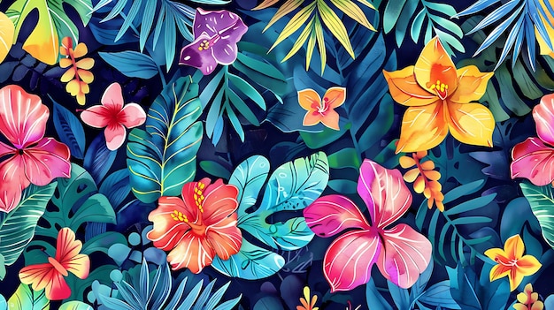 a colorful background with tropical flowers and butterflies