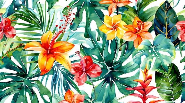 a colorful background with tropical flowers and leaves