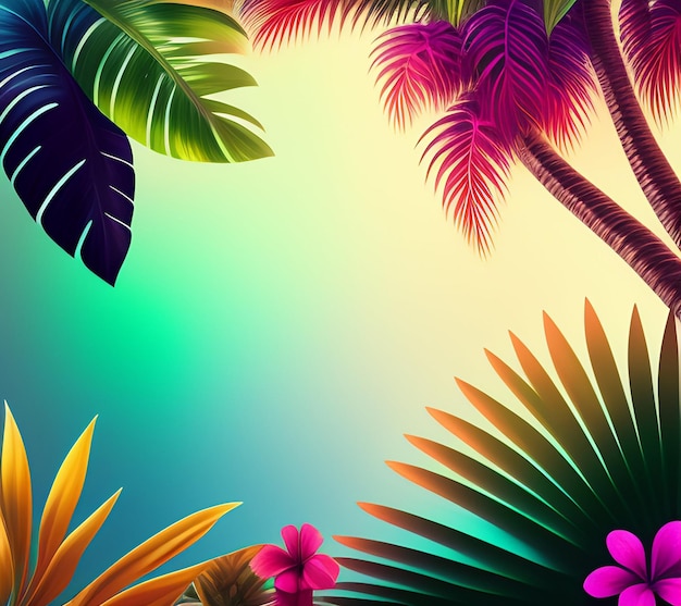 A colorful background with a tropical leaves and flowers.