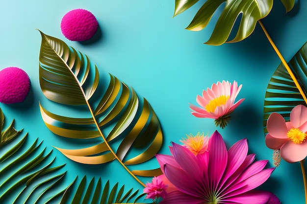 A colorful background with a tropical leaves and flowers.