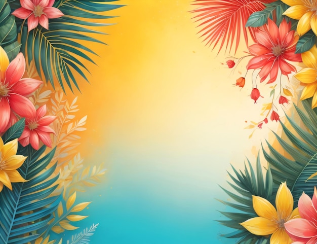 A colorful background with a tropical leaves and flowers.