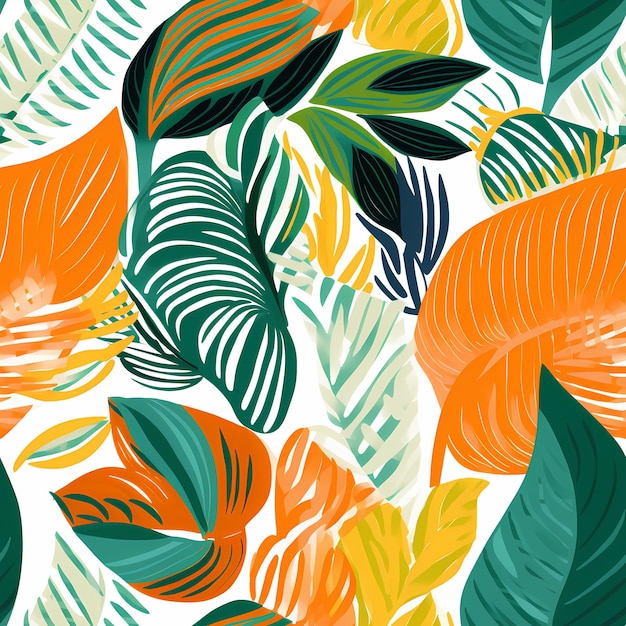 a colorful background with tropical leaves and orange and green leaves.