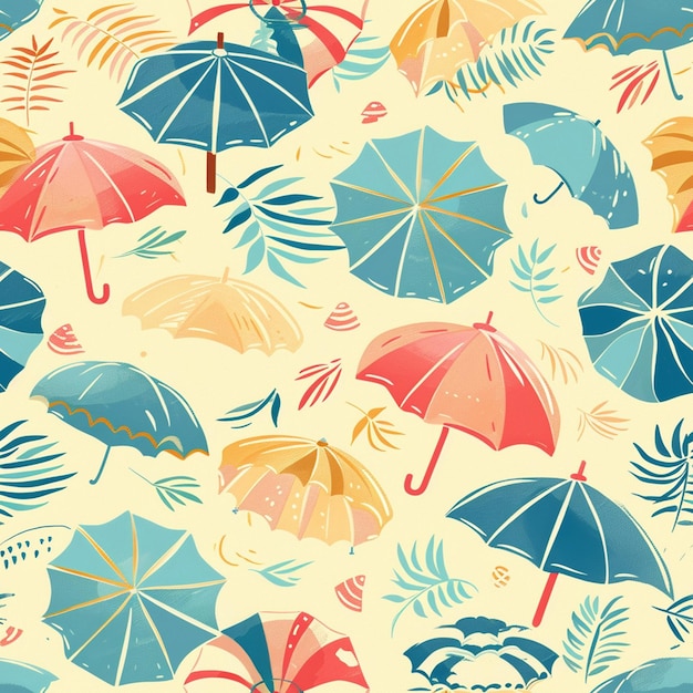 a colorful background with umbrellas and palm trees