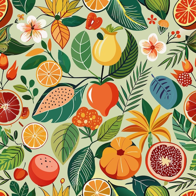 a colorful background with a variety of fruits and flowers