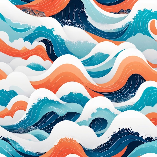 a colorful background with waves and the sea in orange and blue