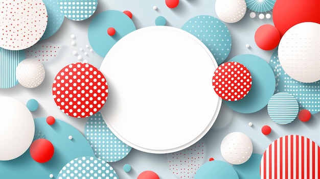 a colorful background with a white and red polka dot and blue polka dots