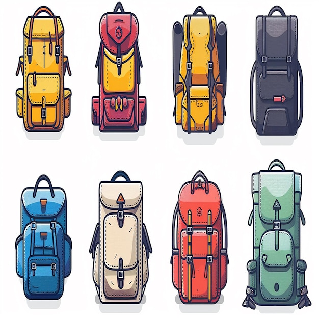 Photo colorful backpack collection illustration featuring eight different stylish and functional school an