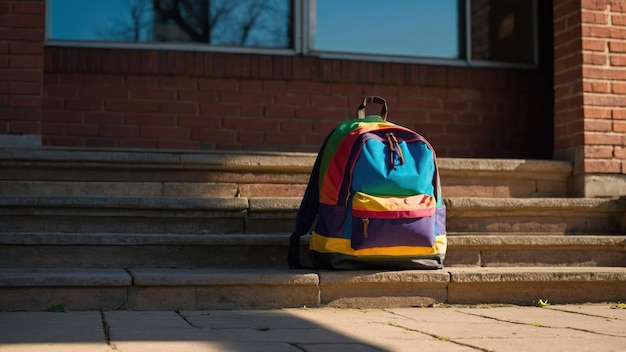 A colorful backpack resting on the steps of a brick school building entryway in the morning sunlight