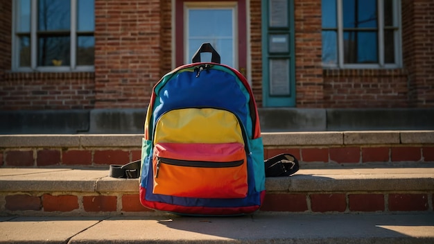 A colorful backpack resting on the steps of a brick school building entryway in the morning sunlight