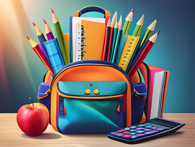 a colorful backpack with a book on the front and a book on the back