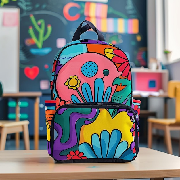 Photo a colorful backpack with a colorful design on it sits on a table