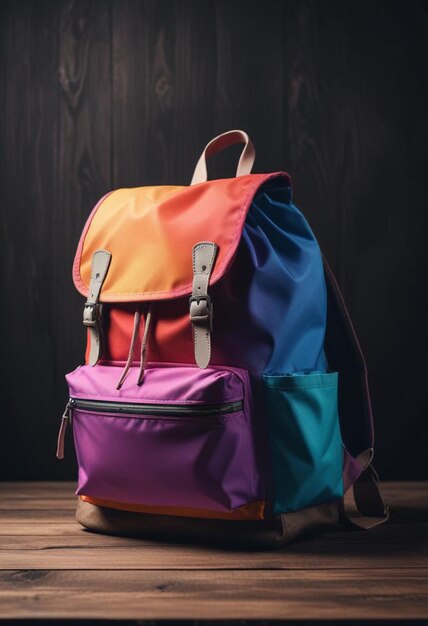 a colorful backpack with a rainbow colored back