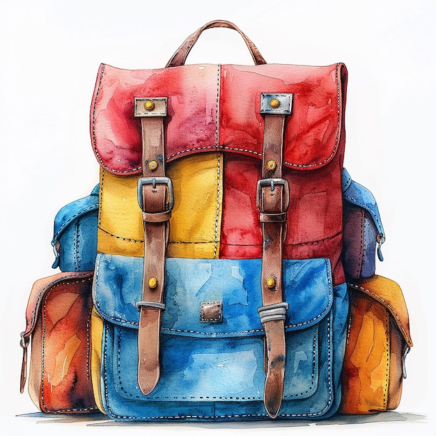 a colorful backpack with a red and blue bag on it