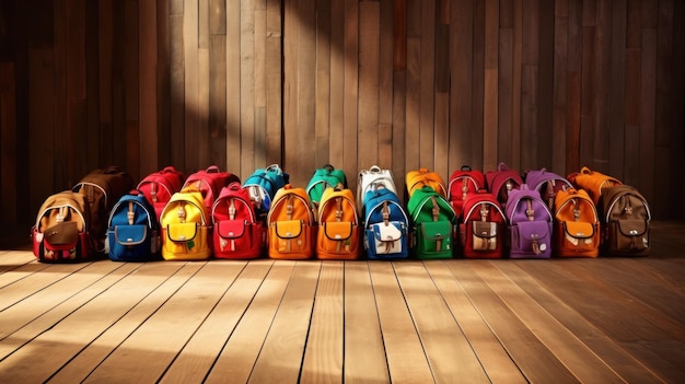 Colorful Backpacks Collection Against Wooden Background