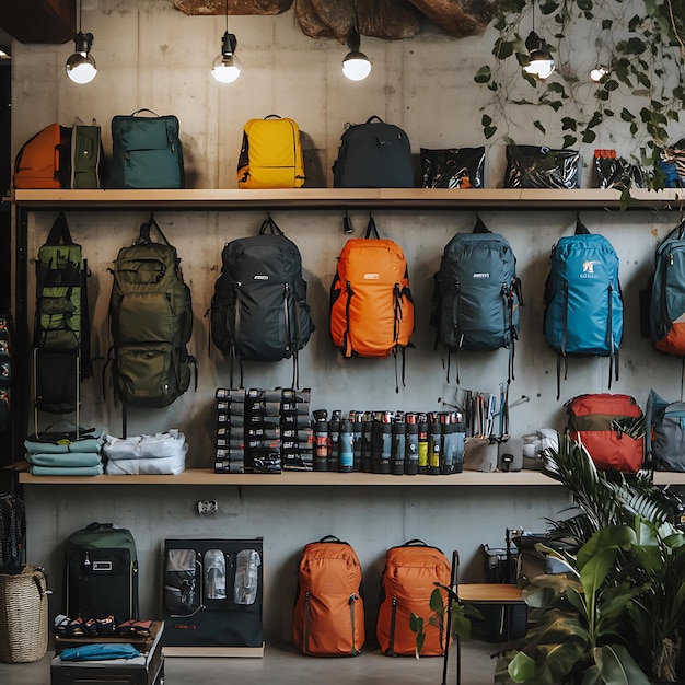 Photo colorful backpacks displayed on wooden shelves in a store