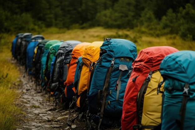 Photo colorful backpacks lined up along a hiking trail in a lush forest during daytime